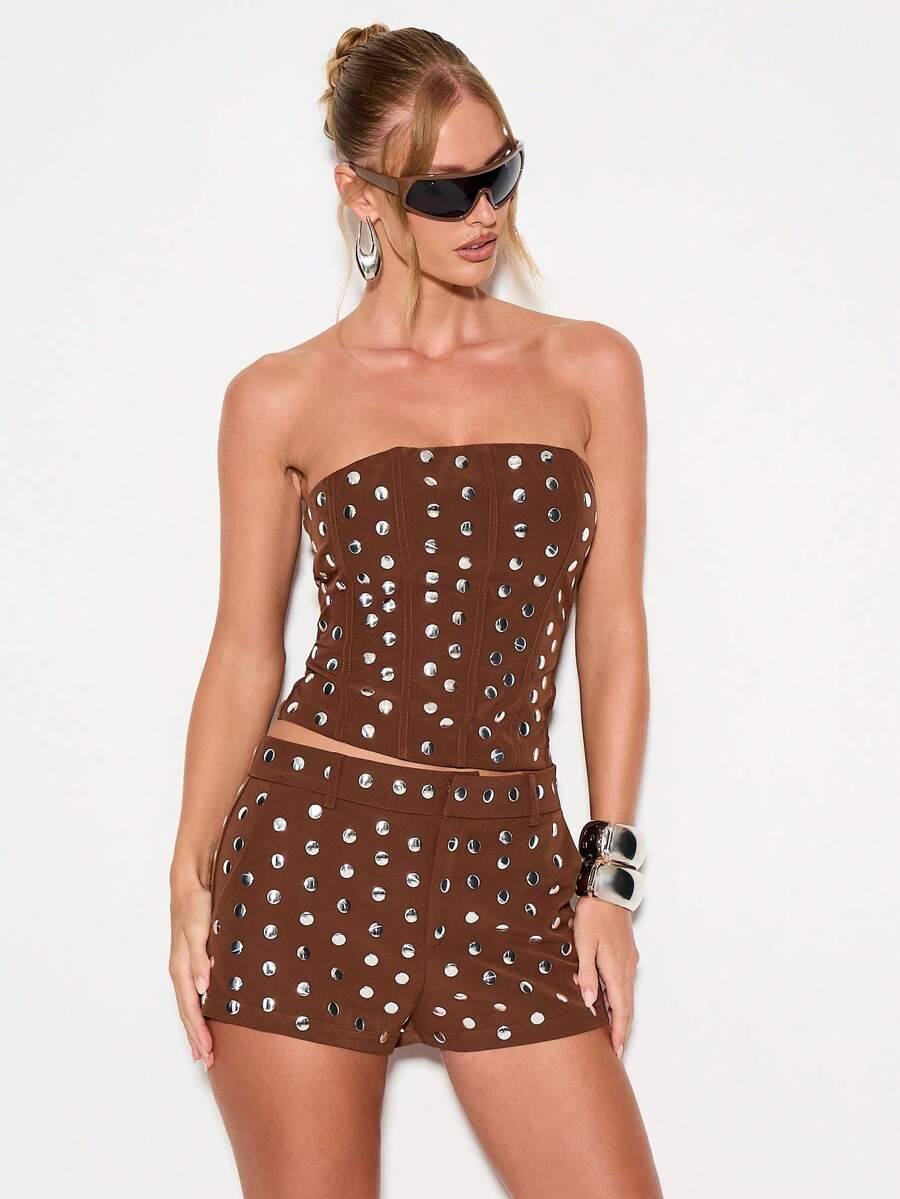 Brown Studded Corset High Waisted Hot Pants With Silver Metal Grommets - Coffee Brown - View 1