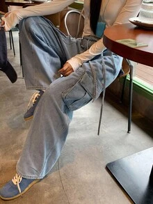 DAZY Women's Casual Loose Cargo Denim Jeans - Baby Blue - View 3