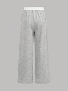 SHEIN Girlism 2 件套青少年女孩纯色黑色、白色、灰色休闲针织运动裤，配有撞色腰带，宽松慢跑裤