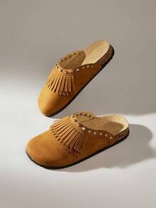Solecia Zapatos planos cómodos con puntera redonda, borlas y pedrería completa, con doble hebilla para mujer, versátiles para uso diario, fiesta y commute - Camel - Ver 6