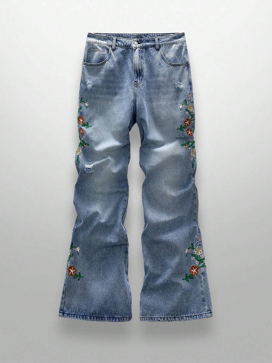 NEON BLANC Men's Casual Fashion Long Embroidered Side Seam Jeans - Medium Wash - View 1