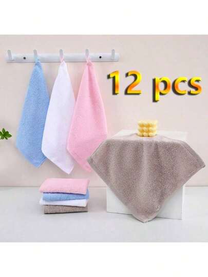 SHEIN Juego de 12 toallas cuadradas de algodón 100% ultra suaves de unicolor, de 30*30cm, toallas cuadradas pequeñas con algodón de fibra larga, toallas colgantes de clase A para la cocina, el jardín de infantes, secado de manos