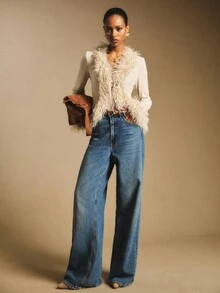 SHEIN x Tata & Beatriz Poéselle 女士上衣，毛绒饰边，系带门襟，杏色上衣，长袖女士纯色长袖毛绒拼接前系带时尚衬衫流苏上衣羽毛上衣流苏外套西部风格女装秋季女装秋季女装冬季女装新年 - 杏色 - 查看 2