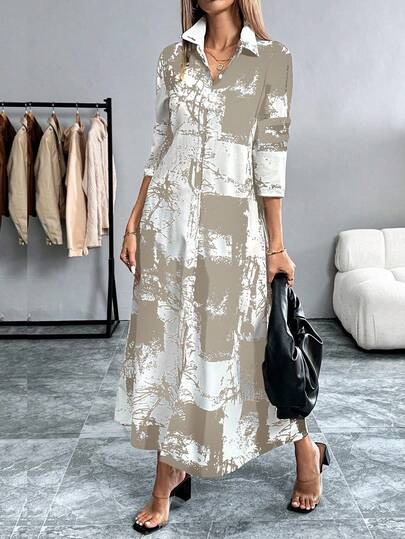 EMERY ROSE Vestido camisero de mujer con estampado de teñido anudado, vestido largo de mujer de primavera y otoño, vestido casual largo de mujer con manga larga