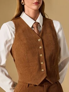 Briarwyn Damen Lässig Pendler Vintage braune Weste, Herbstkleidung für Damen, Herbstoutfits für Damen, Old Money Stil Damen, Damen braunes Outfit, Braunes Cord Outfit, Braunes Outfit Damen