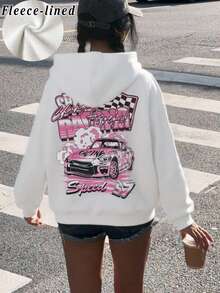 SHEIN Tween Girls' Casual Street Graphic Racing Print White Long Sleeve Zip-Up Sweatshirt With Pockets, Suitable For Autumn/Winter Fall - White - View 9