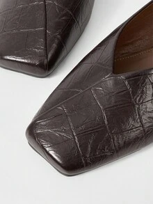 MOTF 女士法式复古纹理PU皮革石纹方头平底鞋，棕色百搭单踏板防滑简约休闲优雅高贵玛丽珍鞋