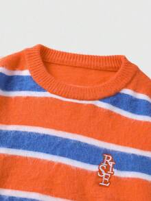 ROMWE MEN Prep 男士条纹长袖毛衣，宽松短款，秋冬 - 橘色 - 查看 3