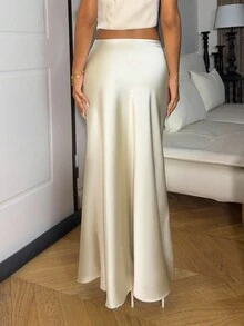 Elegant Versatile Satin Skirt For Women, Girly Style Maxi Women Skirt - Beige - View 2