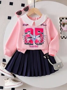 2pcs/Set Young Girls Back To School Collegiate Style Sweatshirt & Pleated Skirt Set, Pink Collar Sweatshirt With Letter Print, Navy Blue Pleated Skirt, School Uniform Look Fall Winter - Pink - View 3