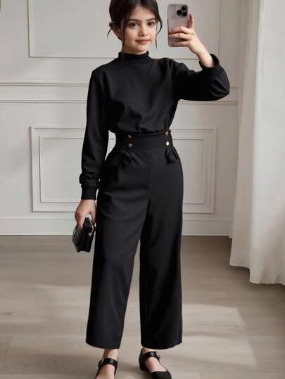 SHEIN Pantalones casuales con diseño de lazo y pliegues de cintura alta para adolescentes, corte holgado, tela cómoda