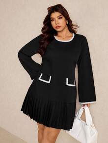 Elaquor Robe décontractée à manches longues, col rond et volants pour femmes grandes tailles - Noir - Voir 1
