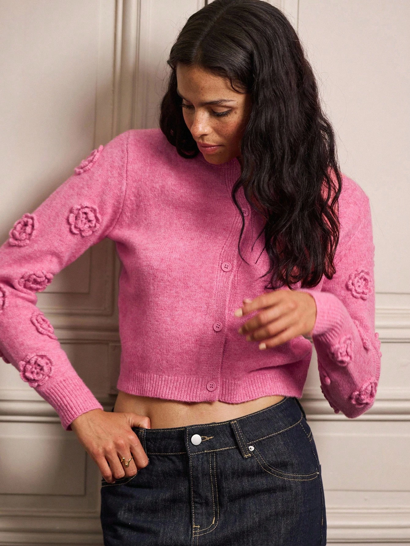 Pink Long Sleeve Cardigan With 3D Crochet Flowers Spring Women Clothes Spring Outfits Spring Women Clothes Spring Summer Elegant Cardigan