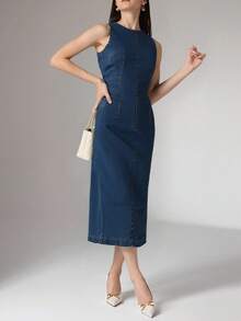 Heiryn 女士圆领无袖修身长款牛仔连衣裙，优雅牛仔连衣裙，FW25 - 中等水洗藍 - 查看 1