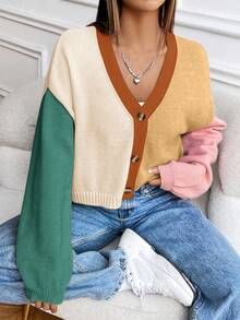 EMERY ROSE Chaqueta de punto de estilo universitario dulce, cárdigan corto holgado de color contrastante para mujer - Naranja - Ver 6