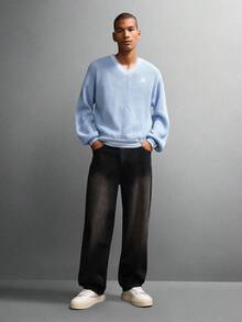 SUMWON Suéter de punto de cuello en V ajustado al Body estilo universitario preppy con costillas, invierno clásico con ribete de contraste, tejido ligero, moda liso - Azul - Ver 6