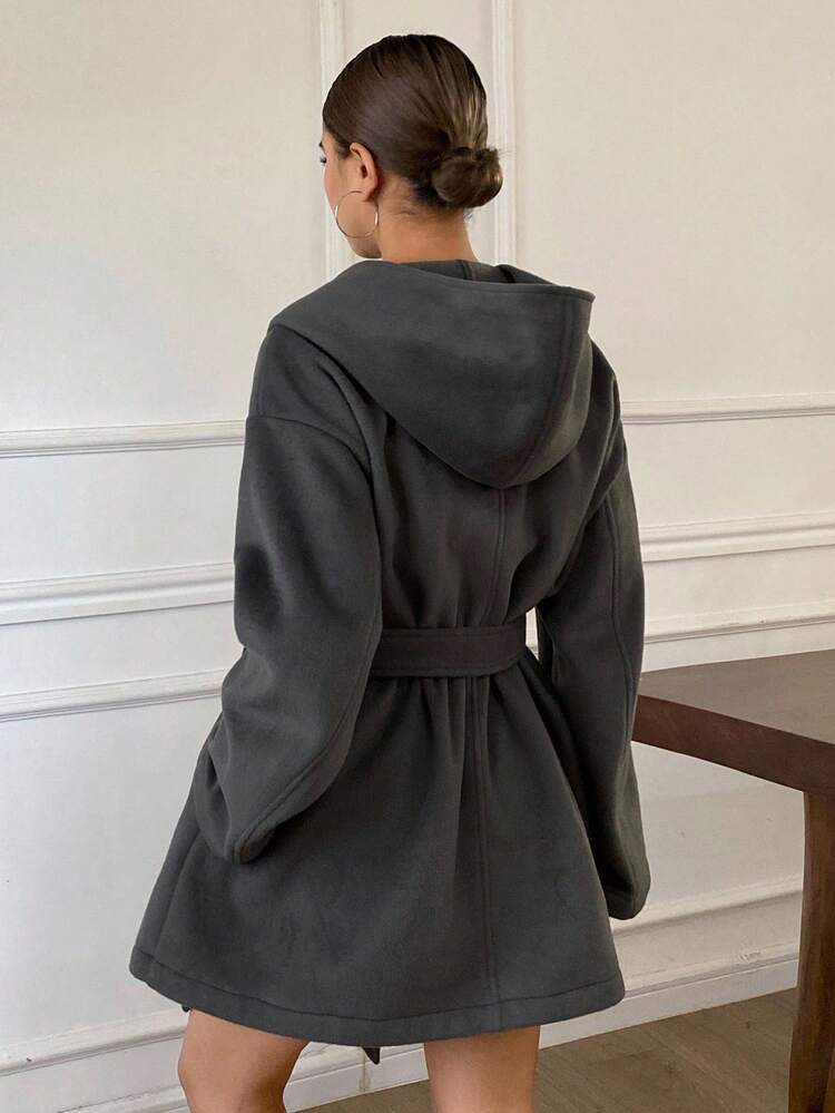 Women's Solid Color Hooded Loose Waist Tie-Up Thick Overcoat, Autumn/Winter Jacket