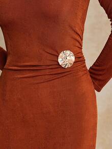 House of One High Neck Ruched Solid Knit Long Dress With Metal Buckle Women Autumn Elegant Casual Dress