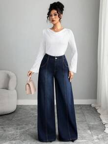 Elenzga 女士休闲通勤水洗阔腿牛仔裤 - 深色水洗藍 - 查看 1