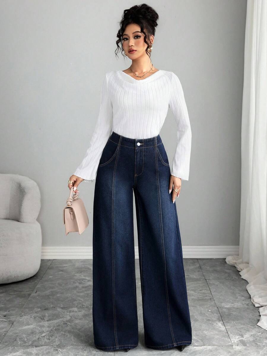 Elenzga 女士休闲通勤水洗阔腿牛仔裤 - 深色水洗藍 - 查看 1