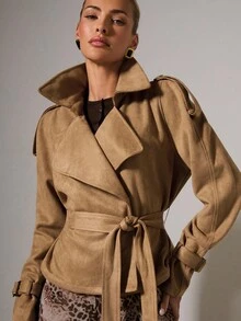 COSMINA 女士优雅休闲通勤翻领长袖百搭夹克，秋冬 - 卡其色 - 查看 6