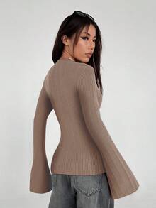 SHEIN Unity Áo len ôm cổ tròn tay loe màu trơn thời trang dành cho nữ, mùa thu - Lạc đà - Xem 2