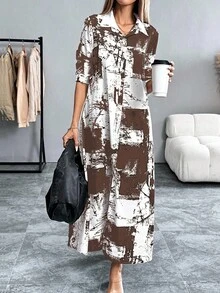 Breezaya Váy sơ mi in họa tiết nhuộm loang thời trang dành cho nữ, váy dài Maxi mùa xuân thu dành cho nữ, váy dài thường ngày, váy dài tay dành cho nữ - màu nâu - Xem 5