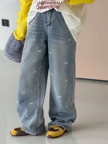 DAZY 秋冬款 Tween 女童蝴蝶结刺绣牛仔裤