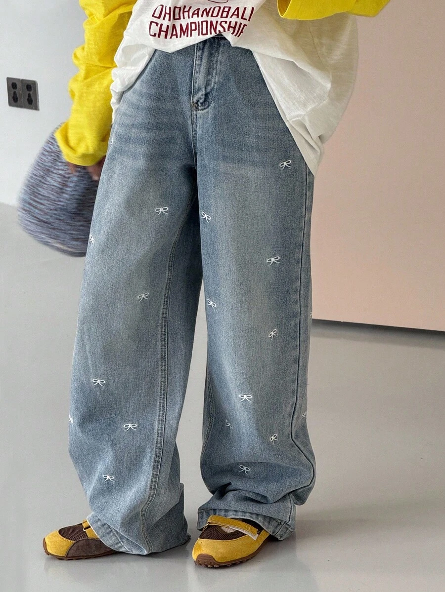 DAZY 秋冬款 Tween 女童蝴蝶结刺绣牛仔裤