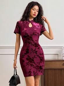 EastFlair Women's Elegant Floral Flocked Bodycon Mini Dress, Summer Velvet Cheongsam Dress For Wedding Guest   , Wedding Guest Dress Elegant  Wedding Guest Dress Women   Fall Clothes For Women  Christmas Women's Clothing