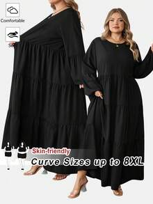SHEIN CURVE+ Plus Size Women's Spring Summer Solid Round Neck Lantern Sleeve Ruffle Hem Loose Casual Dress Maxi Women Outfit/Autumn /Winter