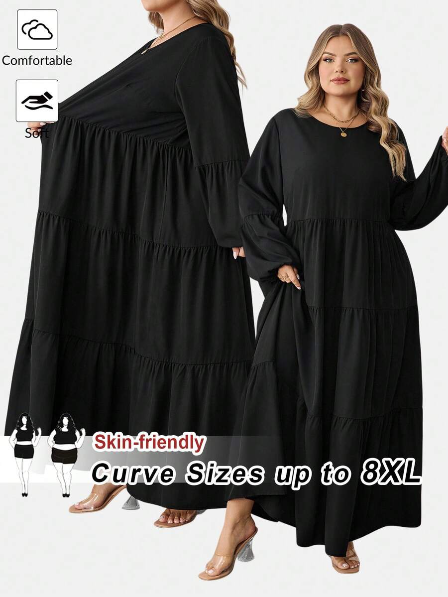 SHEIN CURVE+ Plus Size Women's Spring Summer Solid Round Neck Lantern Sleeve Ruffle Hem Loose Casual Dress Maxi Women Outfit/Autumn /Winter