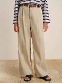 Airaco Pantalones casuales sueltos de pierna ancha y plisados de unicolor para mujer