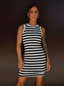 SAYEHFBABY Vestido ajustado a rayas sin mangas y mini - Blanco y Negro - Ver 1