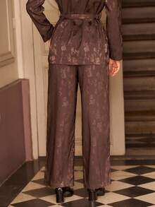 lacRébo بنطلون ساتان واسع الساق بنقشة زهرية بلون البني الداكن، بنطلون كاجوال للأعمال، ملابس نسائية للخريف والشتاء