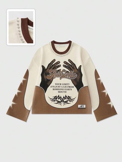 Street Life Men's Contrast Color Slogan Print Round Neck Casual Loose Long Sleeve T-Shirt