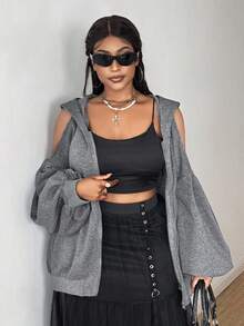 Maweii 大码纯色露肩长袖连帽拉链休闲宽松运动衫 - 灰色 - 查看 4