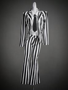 SHEIN ICON Women's Halloween Goth Style Black & White Striped Fitted Blazer Jacket And Flared Pants Suit, Autumn/Winter,Fall Tall Two Pieces Set Striped Two Pieces Set 2 Pieces Pant Sets Woman Black And White - Black and White - View 14