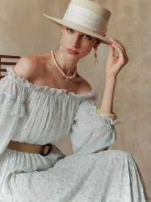 Arave Women's Off Shoulder Chiffon Pleated Maxi Dress, Flowing And Romantic