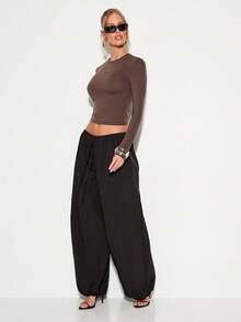 KIZN Quần ống rộng, rộng thùng thình, cạp chun rút dây, thích hợp mặc đi chơi, phong cách đường phố mùa thu đông - màu đen - Xem 1