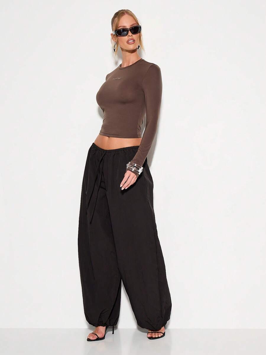 KIZN Quần ống rộng, rộng thùng thình, cạp chun rút dây, thích hợp mặc đi chơi, phong cách đường phố mùa thu đông - màu đen - Xem 1