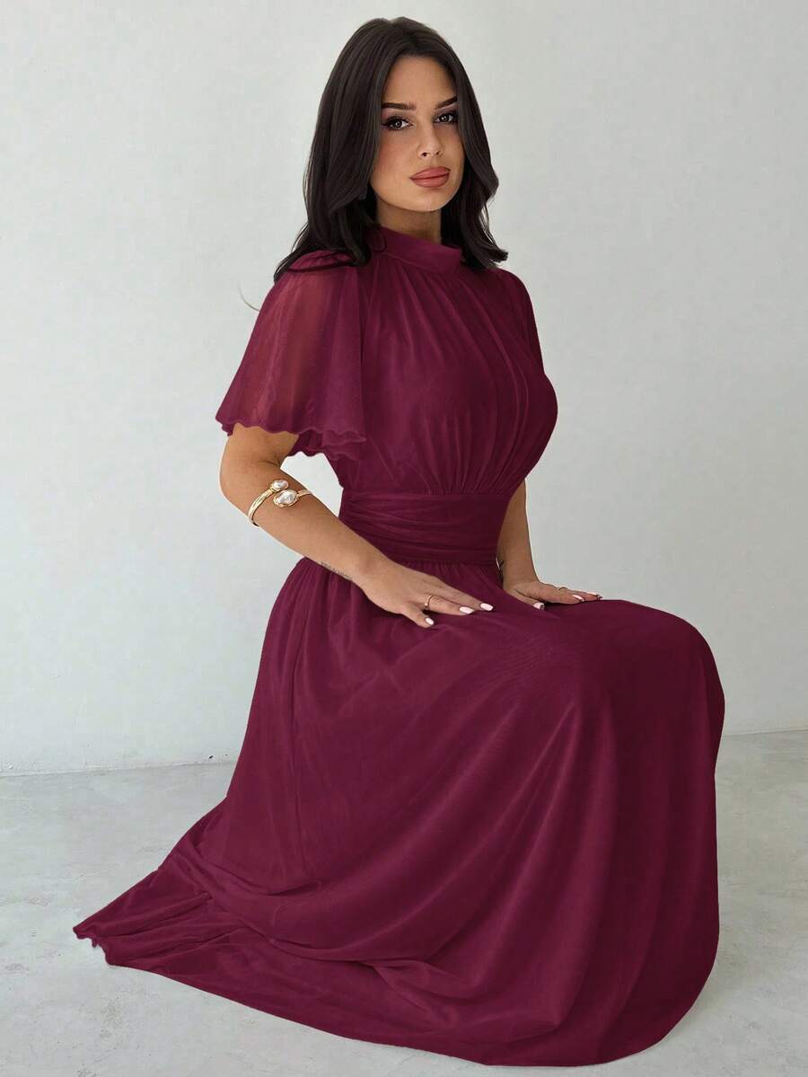 Firerie Women's Elegant Romantic Elegant Daily Commute Beach Vacation Stand Collar Pleated High Waist A-Line Flare Sleeve White Dress,Elegant Dresses For Women,Fall Wedding Guest Dress,Wedding Guest Dress Women - Burgundy - View 1