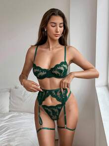 Aloruh 女士刺绣网眼性感睡衣套装适合秋季服装搭配、优雅派对、万圣节、蕾丝、绿色性感睡衣套装 - 墨綠色 - 查看 3