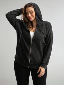 Comfylo 大码休闲宽松水洗卫衣，大码女款落肩长袖拉链抽绳卫衣，慵懒休闲风，海军蓝复古风，适合秋季穿着。 - 深灰色 - 查看 8