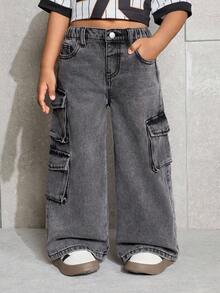 SHEIN 年轻女孩灰色工装口袋宽腿宽松牛仔裤 - 灰色 - 查看 4