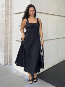 NegzBox Solid Frill Trim Tie Front Dress - Black - View 4