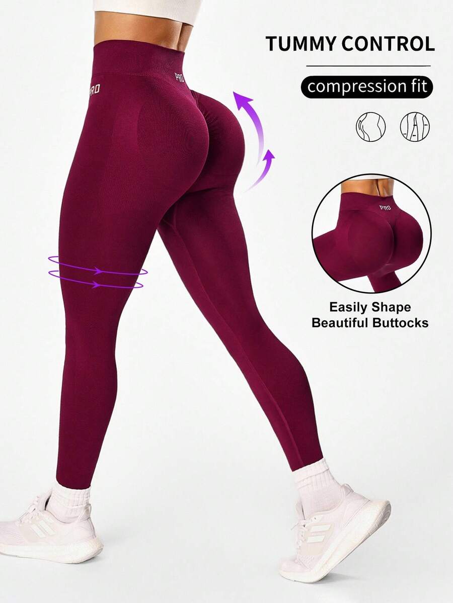 SHEIN Sports 无缝高弹力瑜伽健身跑步紧身裤 - 酒紅色 - 查看 1
