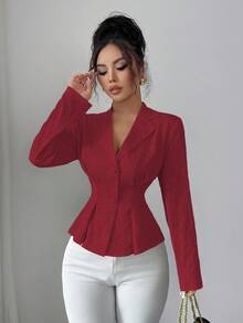Elenzga New Women's Lapel Long Sleeve Jacquard Woven Open Front Waist Ruched Waist Design Casual Vacation Daily Versatile Commute Elegant Lady Blazer - Burgundy - View 5