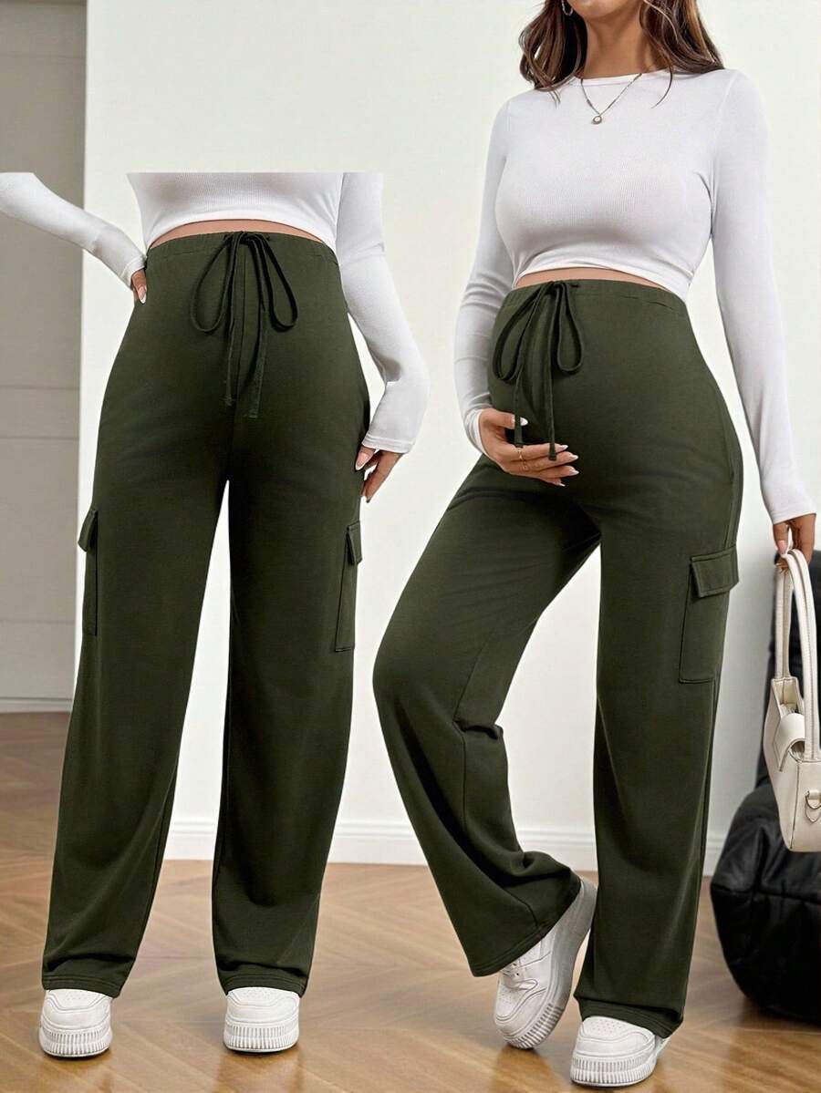SHEIN Pregnant Women Casual Minimalist Army Green Drawstring Waist Fold Over Pocket Sweatpants - Army Green - View 1