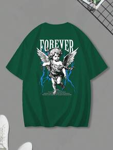 Manfinity LEGND 男士休闲天使标语印花T恤，夏季 - 墨綠色 - 查看 3